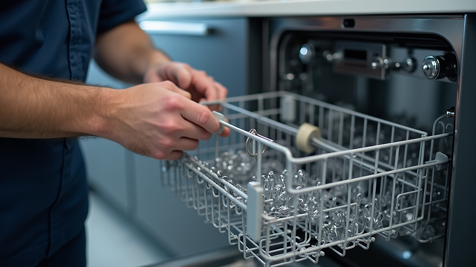 Close-up view of a technician repairing a Miele dishwasher