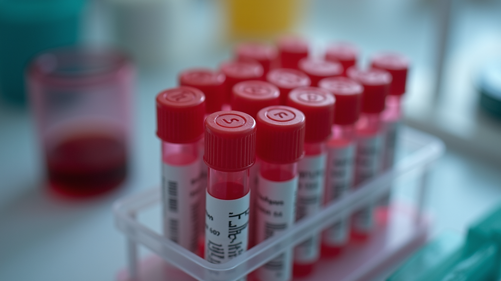 High angle view of labelled blood tubes arranged for laboratory testing
