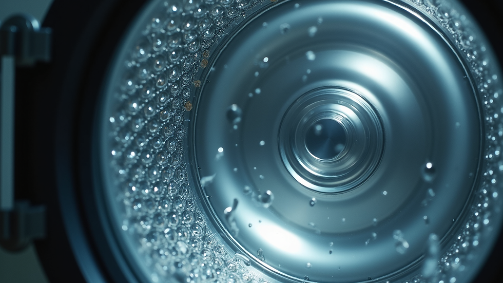 Close-up view of washing machine drum with water inside