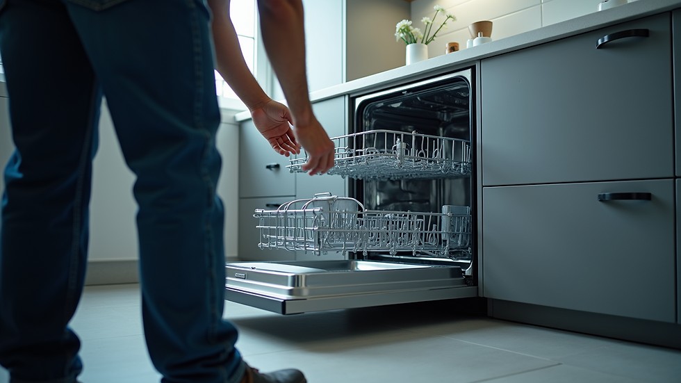Close-up view of a technician repairing a KIC dishwasher
