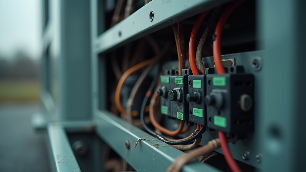 Close-up view of an air conditioning unit's electrical panel showing wiring and components