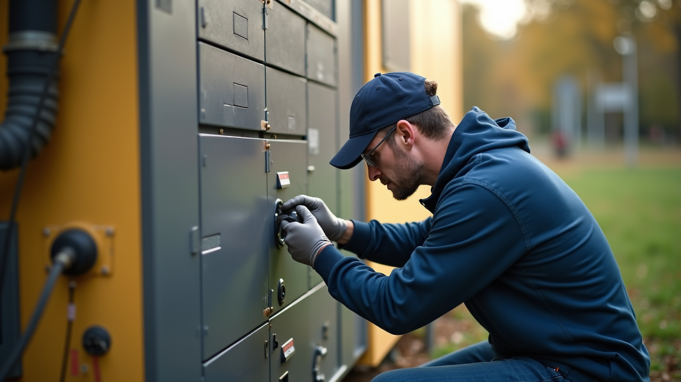 Eye-level view of a technician repairing a standby generator outdoors