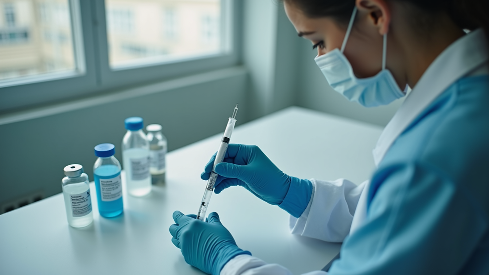 High angle view of a nurse preparing vaccination supplies on a table