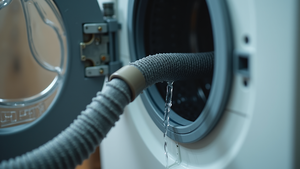 Close-up view of washing machine hose connection showing water leak