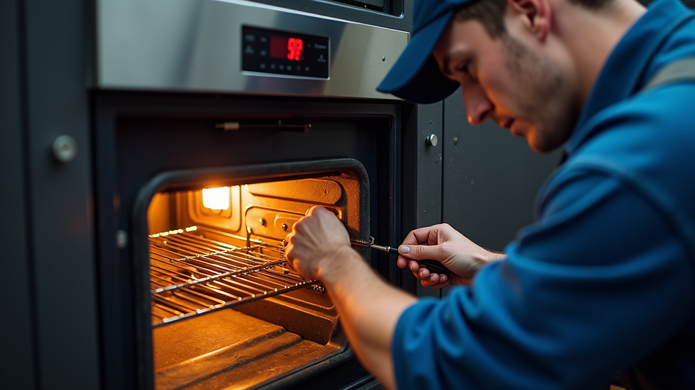 High angle view of a technician testing an oven after element replacement