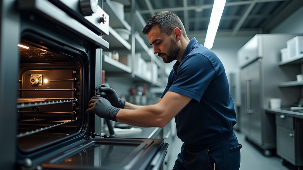 Eye-level view of a technician repairing an AEG oven in a kitchen