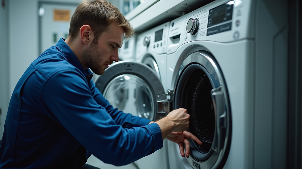 Eye-level view of a technician repairing a Defy washing machine
