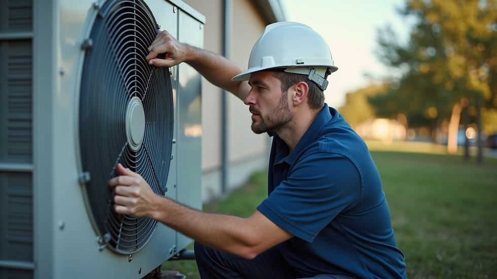 Eye-level view of a technician inspecting an air conditioner unit outdoors