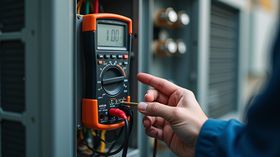 Eye-level view of a technician testing an air conditioning capacitor with a multimeter