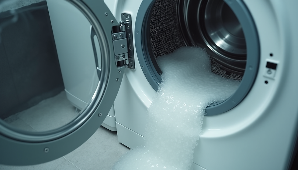 Close-up view of washing machine drum filled with excess water