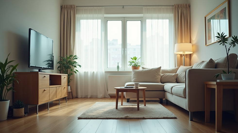 Eye-level view of a home living room with medical equipment arranged neatly