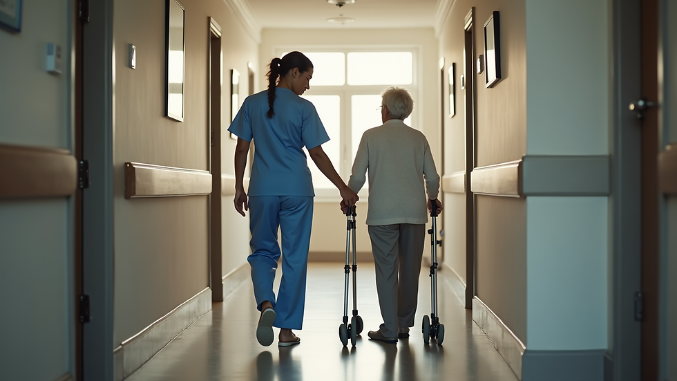 High angle view of a nurse assisting an elderly patient with walking at home