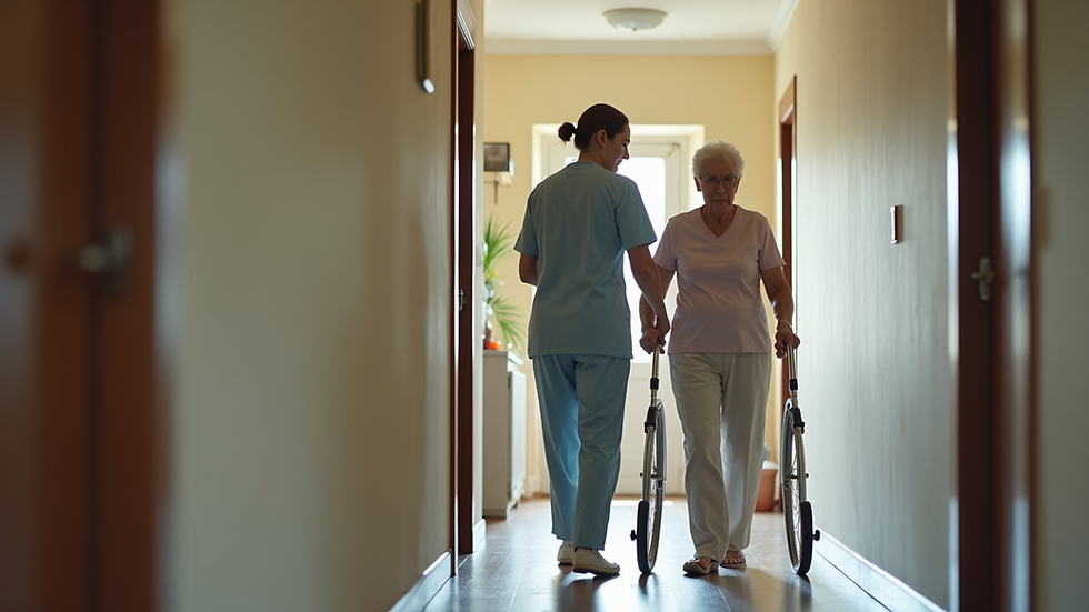Eye-level view of a caregiver assisting an elderly person with walking in a home hallway