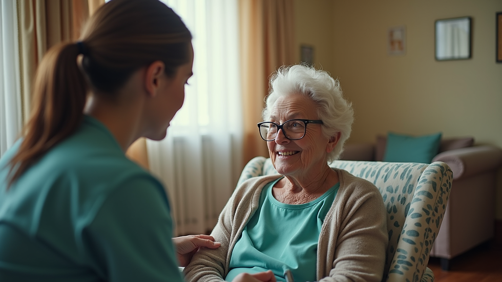 Eye-level view of a nurse assisting an elderly woman in a Johannesburg home