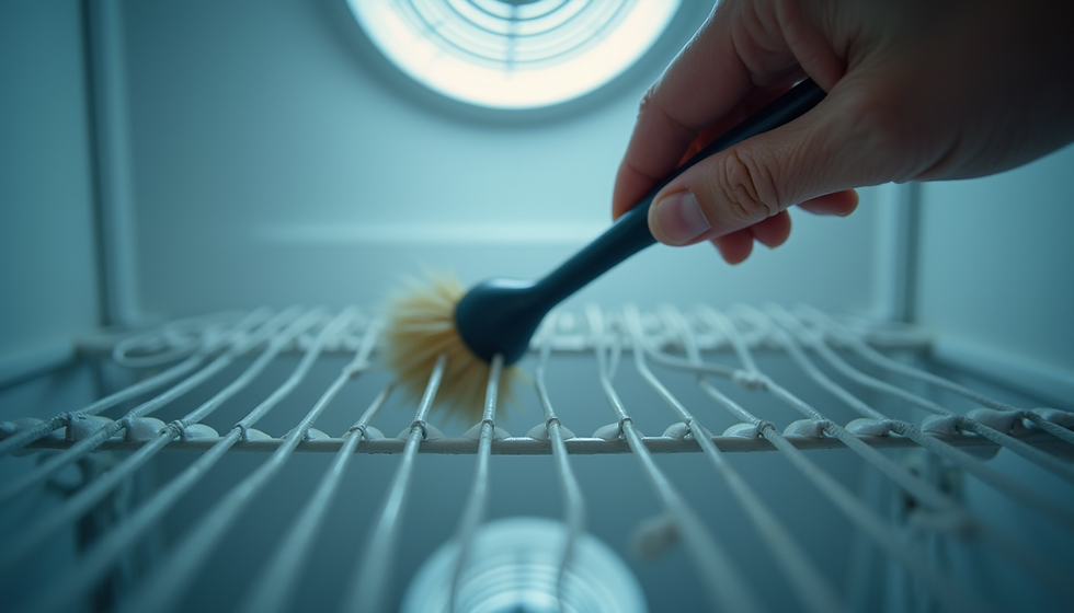 Close-up view of a freezer door with frost buildup inside