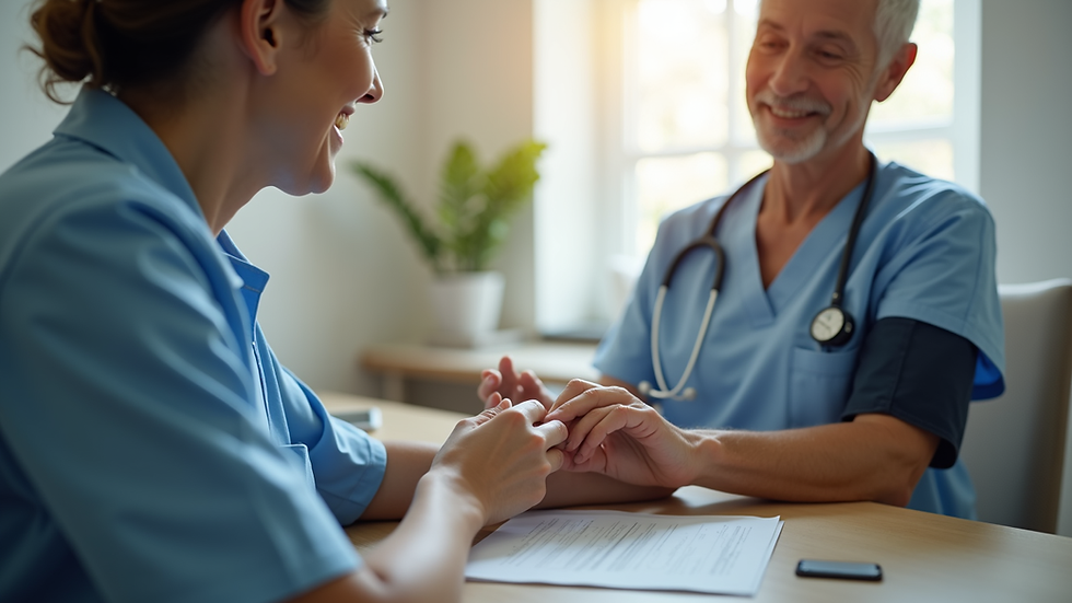 Eye-level view of a nurse checking a patient's blood pressure in a home setting