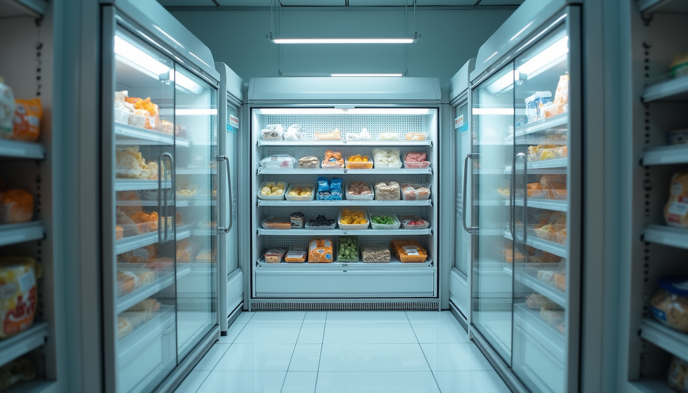 High angle view of a clean freezer interior with organized frozen food