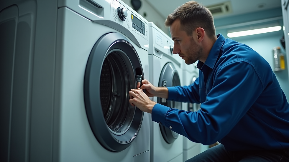 Eye-level view of a technician testing a washing machine during repair