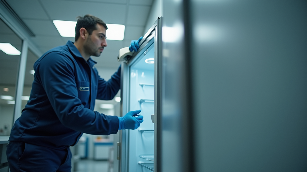 Eye-level view of a technician repairing a fridge door seal