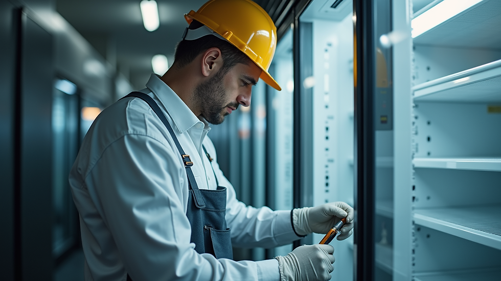 Close-up view of a refrigeration technician repairing a commercial fridge