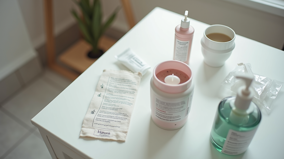High angle view of a neat home care setup with stoma care products and instructions