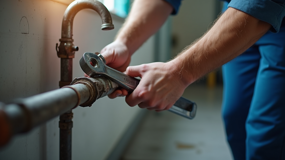 Close-up view of a plumber inspecting a water pipe with a wrench