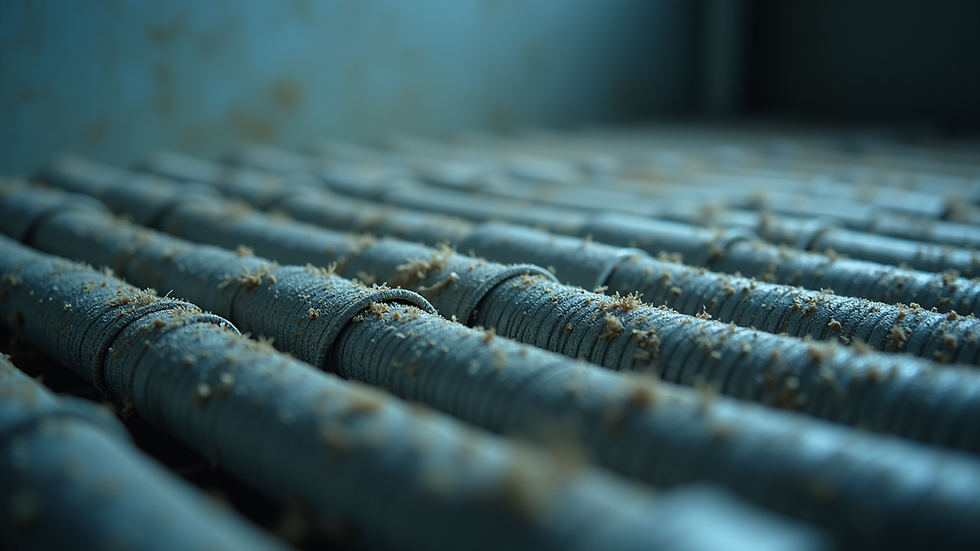 Close-up view of a catering fridge condenser coils covered in dust
