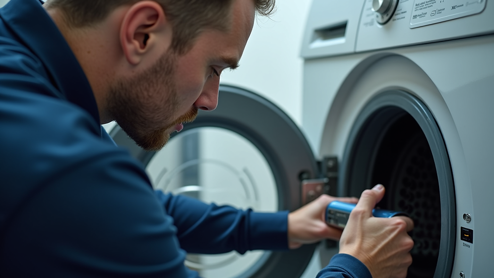 Close-up view of a technician repairing an Indesit washing machine