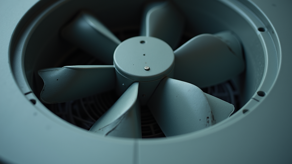 Eye-level view of an air conditioner fan blade inside the unit