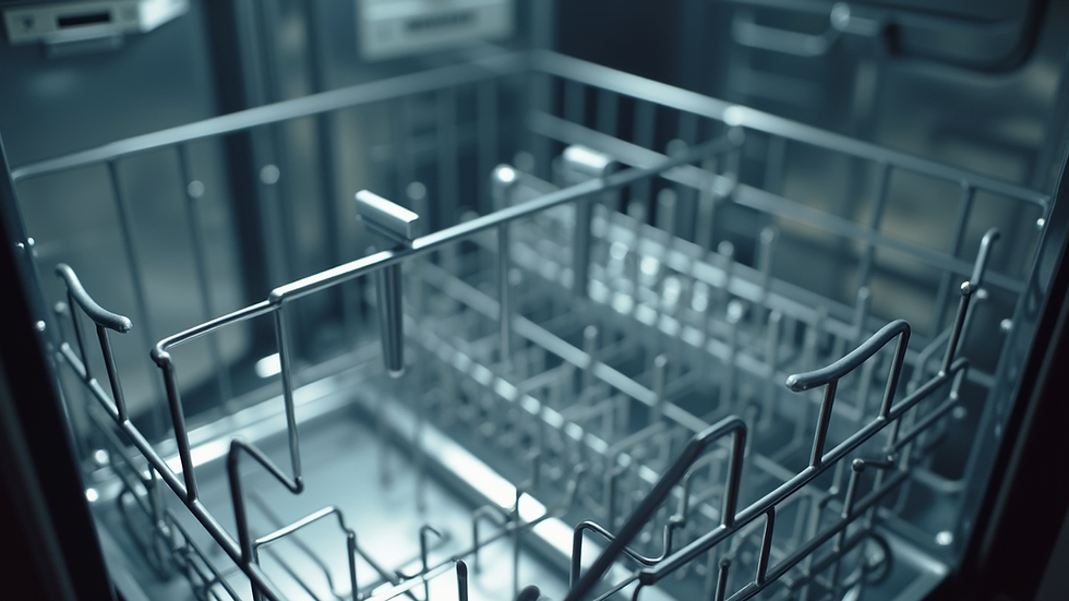 High angle view of a clean dishwasher interior with spray arms visible