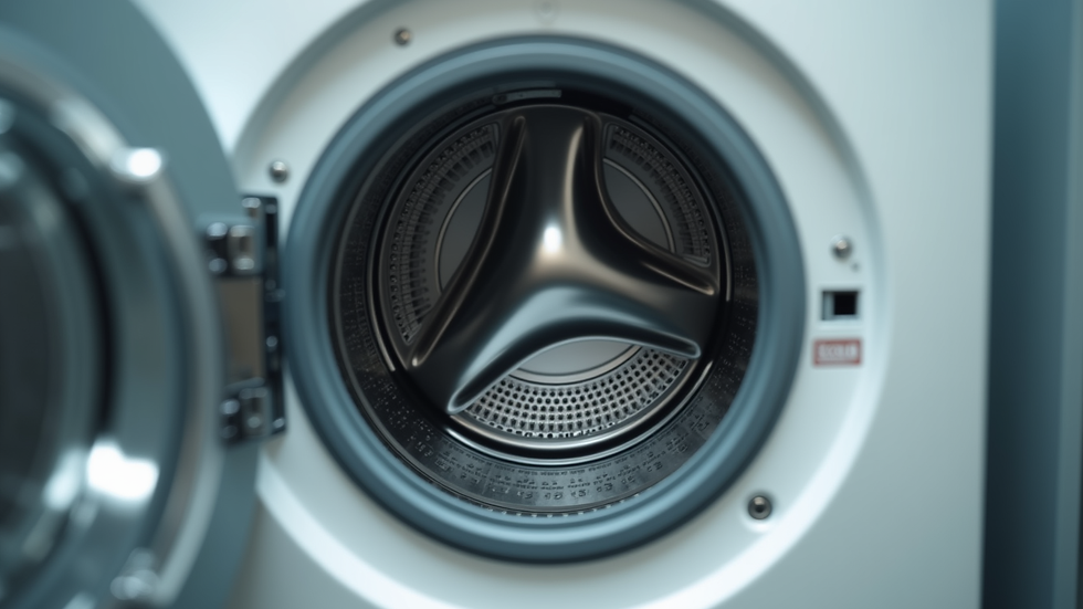 Eye-level view of washing machine with open door showing drum