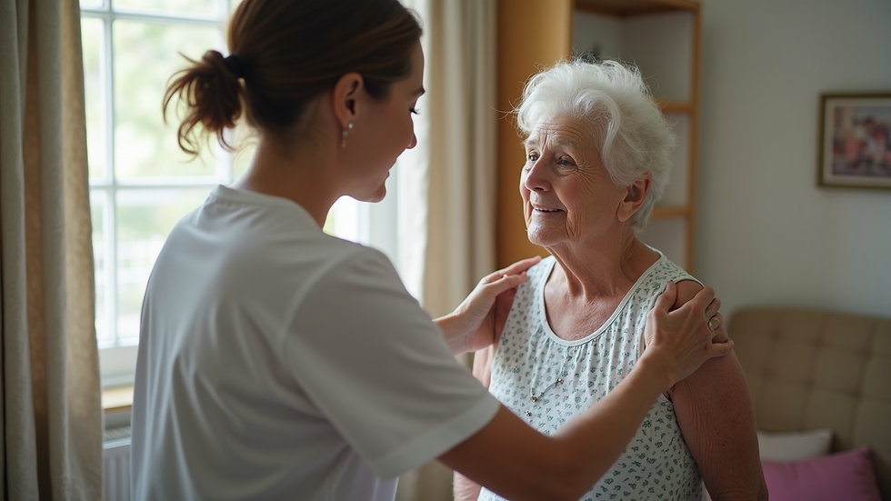 Eye-level view of a caregiver assisting a senior with dressing in a home setting
