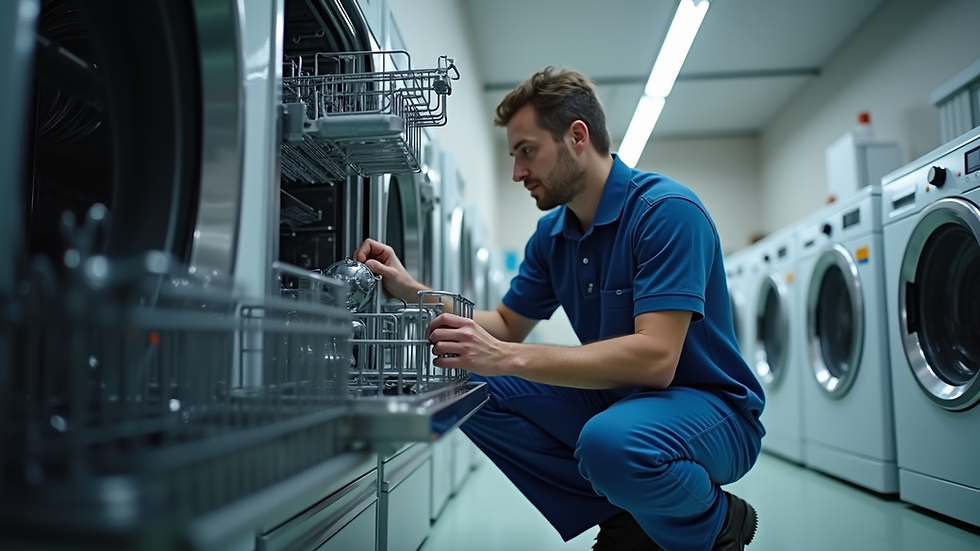 Eye-level view of a dishwasher technician inspecting the appliance