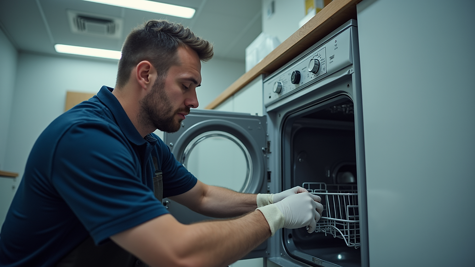Eye-level view of an AEG technician repairing a dishwasher
