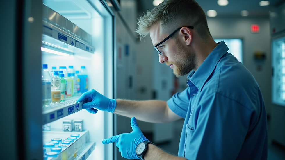 Eye-level view of a technician inspecting a commercial fridge
