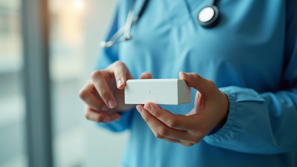 Close-up view of a caregiver's hand holding a medication box