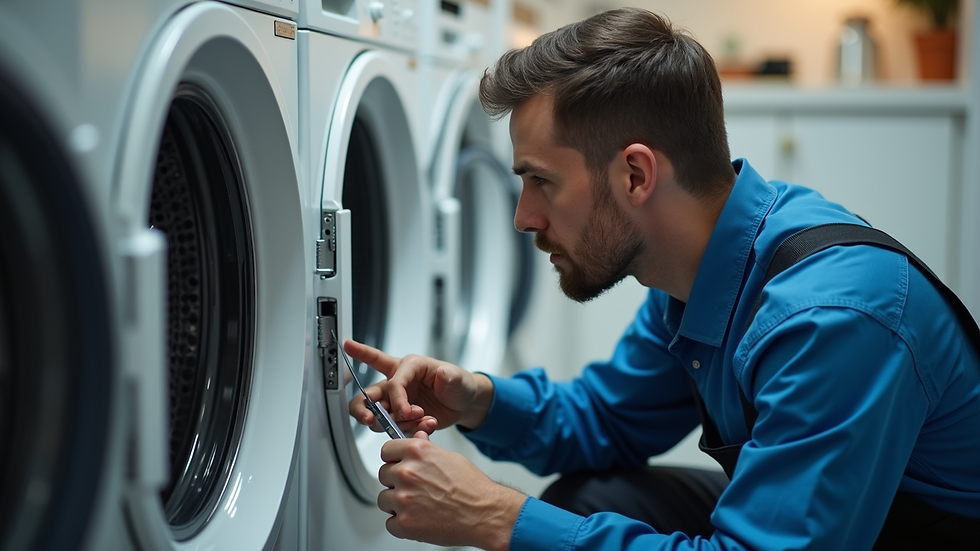 Close-up view of a technician repairing a washing machine in a home laundry