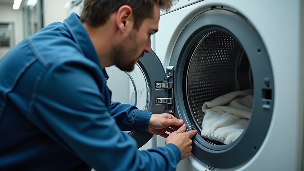 Eye-level view of a professional technician repairing a washing machine