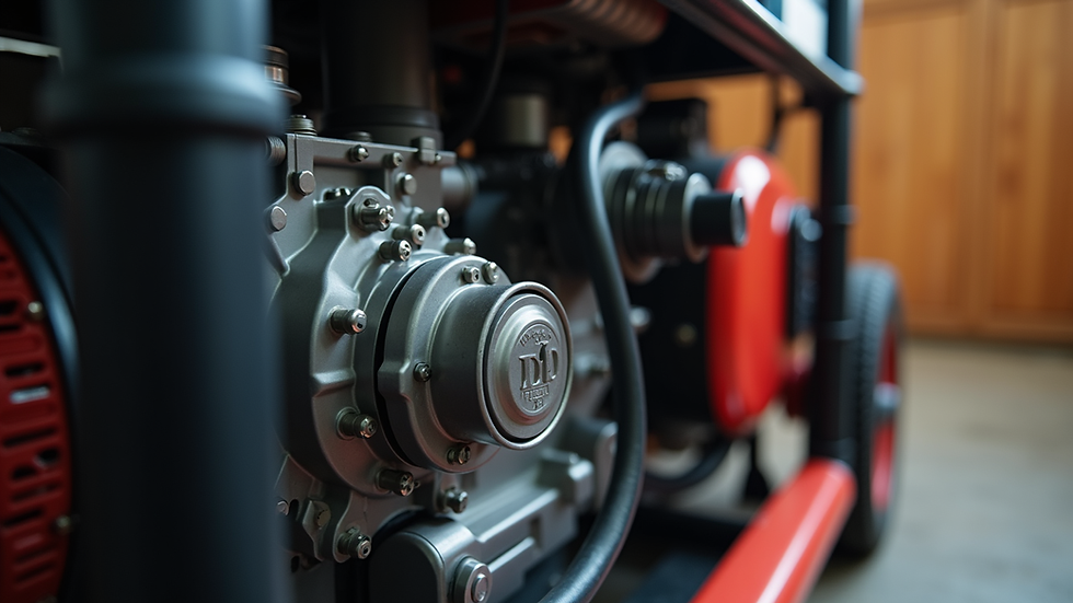 Close-up view of a home generator engine showing mechanical parts