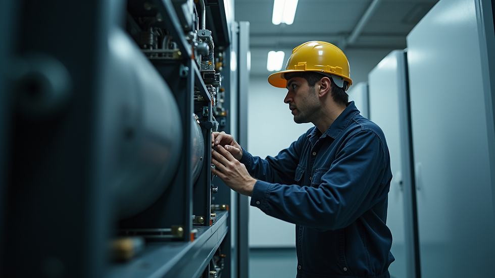 Eye-level view of a technician inspecting a refrigerator compressor