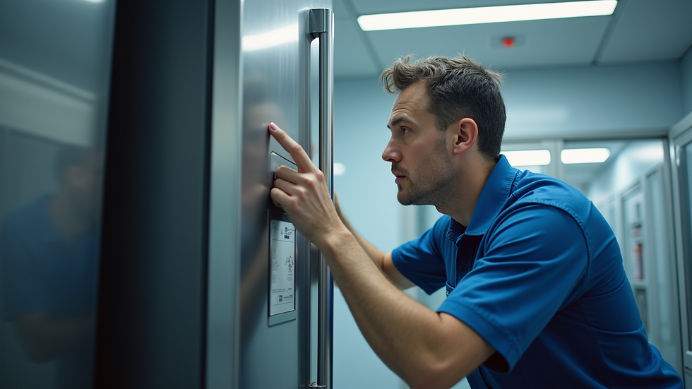 Eye-level view of a Samsung technician repairing a refrigerator