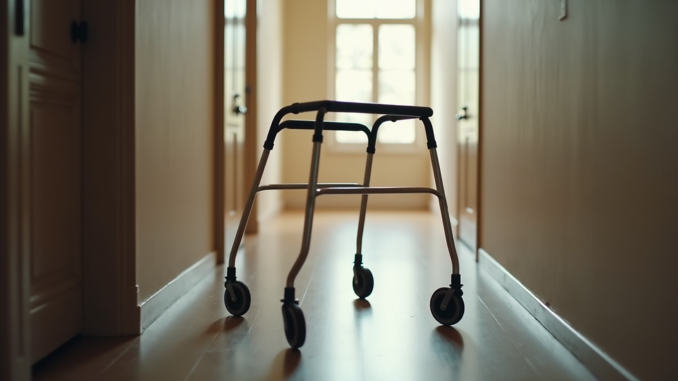 High angle view of a walking frame with wheels in a home hallway