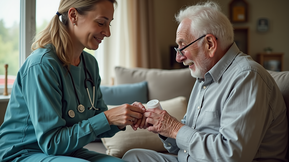 Eye-level view of a caregiver assisting an elderly person with medication at home