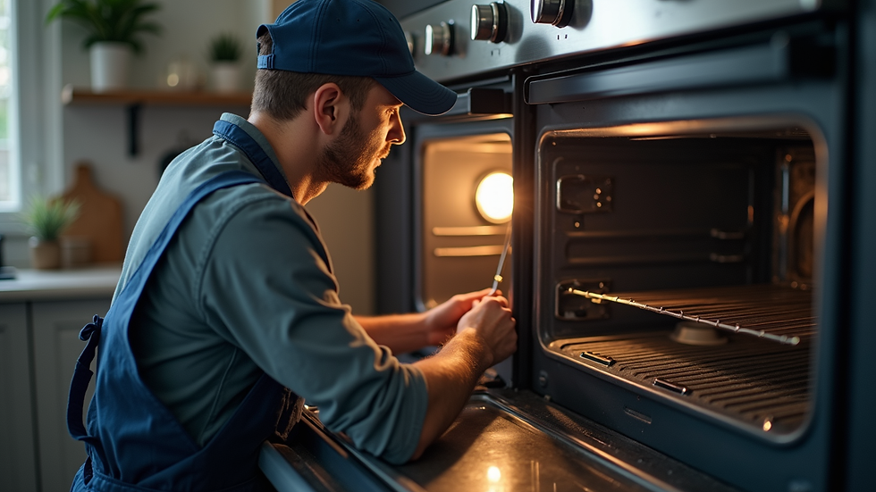 Close-up view of a technician using tools to fix a kitchen oven