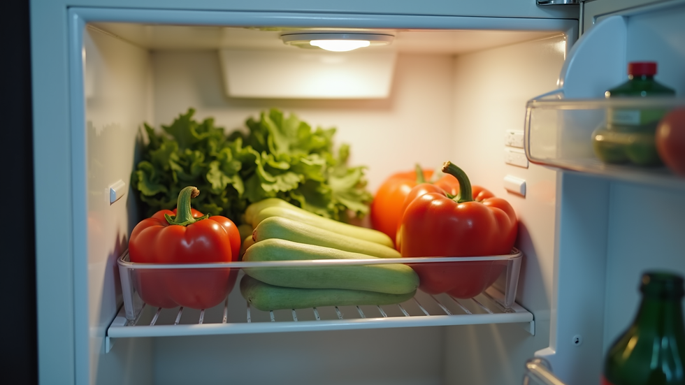 Close-up view of a modern fridge door open showing fresh vegetables inside
