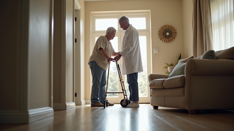 Eye-level view of a caregiver assisting an elderly person with walking aid in a home setting