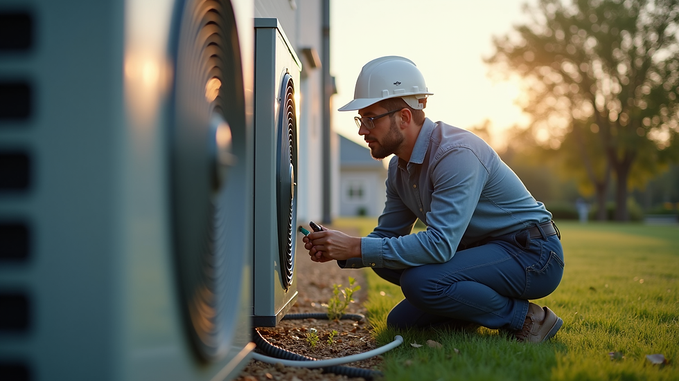 Eye-level view of a technician inspecting an air conditioner outdoor unit
