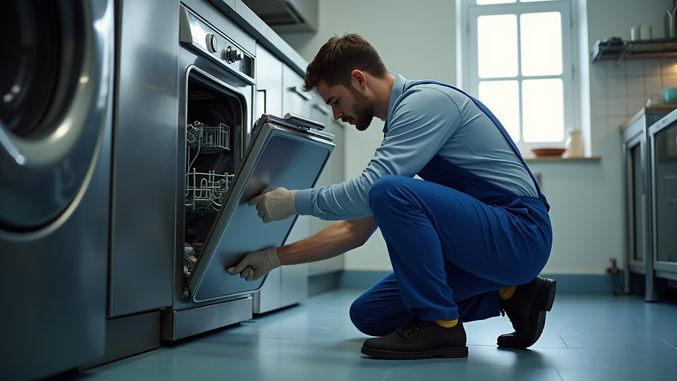 Eye-level view of a technician repairing a dishwasher in a modern kitchen