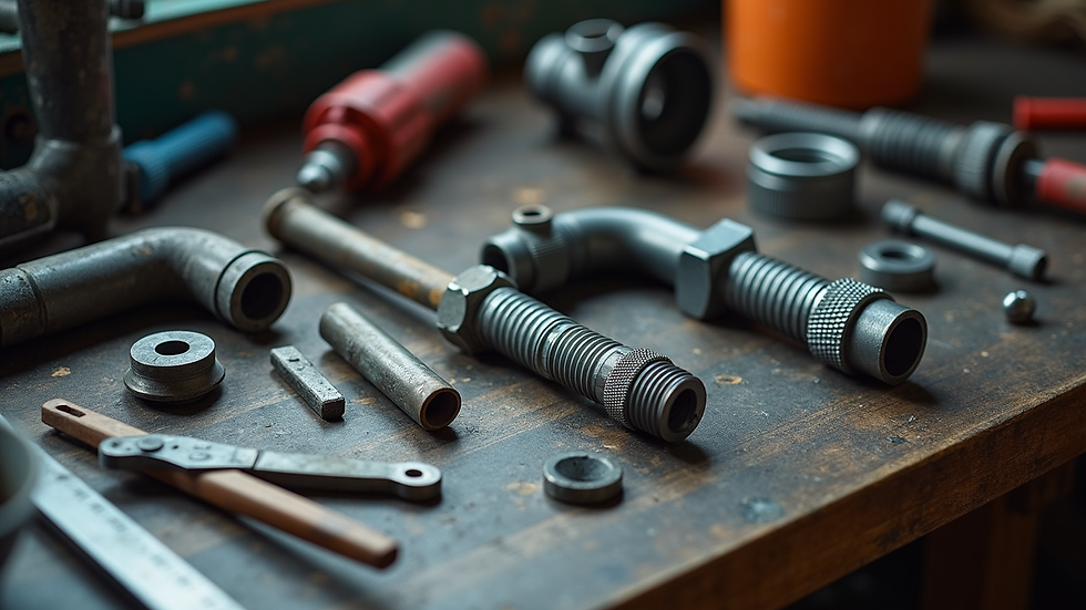 High angle view of plumbing tools and replacement parts on workbench