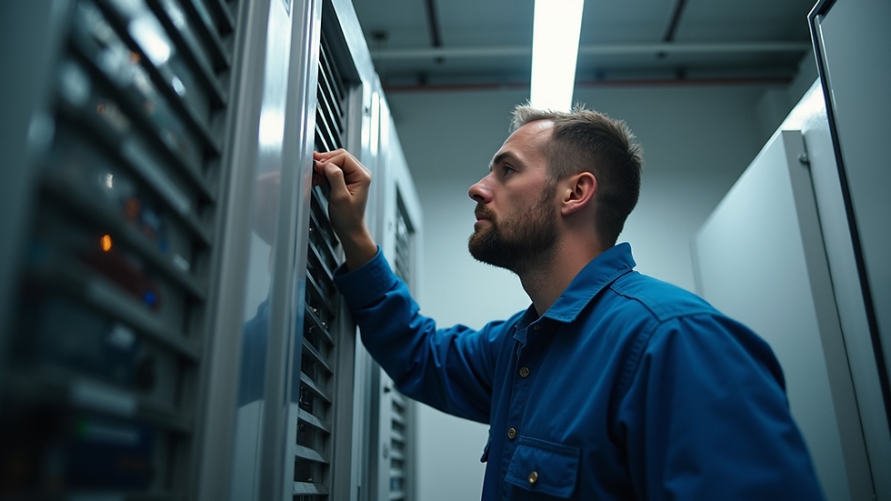 Eye-level view of a technician inspecting a fridge compressor